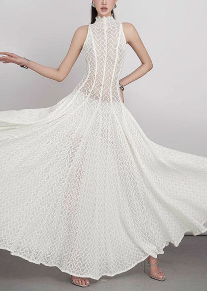Spitze Hohl-Out Kleid Weiß Elegant Ärmellos Solide Maxi