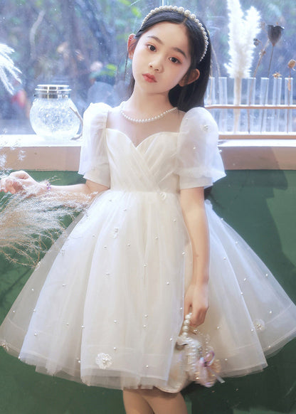 Robe longue d'été élégante en tulle floral avec perles blanches pour enfants QV013