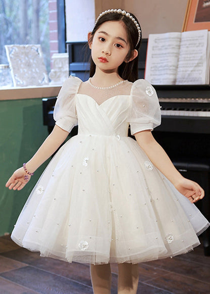 Robe longue d'été élégante en tulle floral avec perles blanches pour enfants QV013