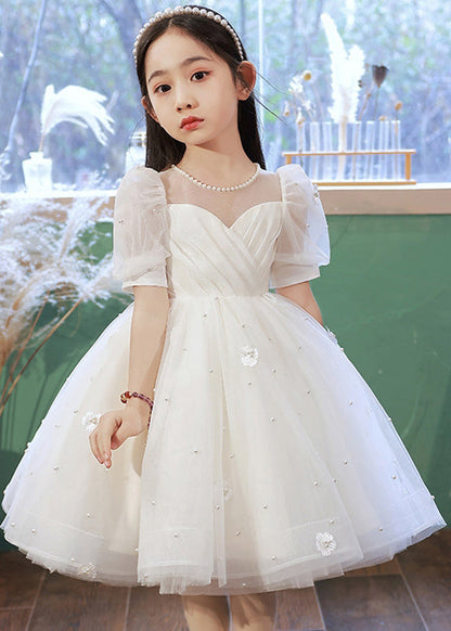 Robe longue d'été élégante en tulle floral avec perles blanches pour enfants QV013