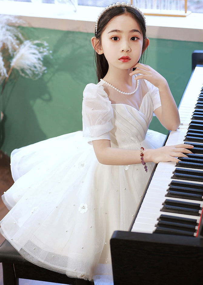 Elegant White Nail Bead Floral Tulle Kids Long Dresses Summer QV013