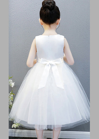 Robe longue blanche élégante à col rond et nœud floral en tulle pour enfants, sans manches, XZ048