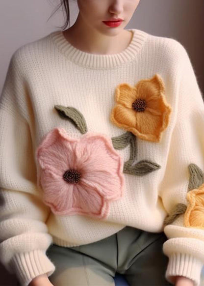 Pull en tricot fleuri blanc élégant à col rond pour l'automne WO030