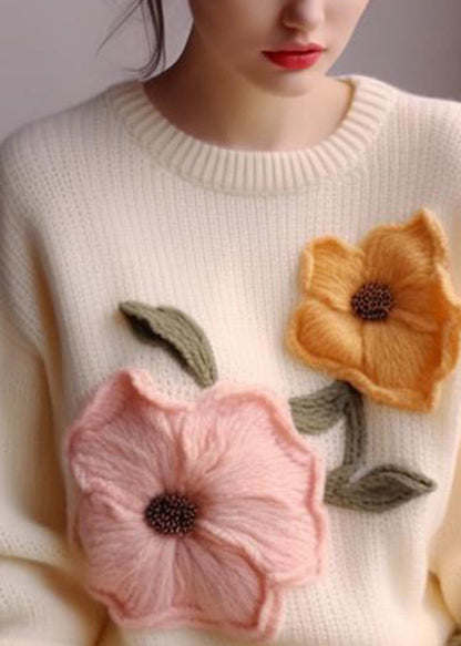 Pull en tricot fleuri blanc élégant à col rond pour l'automne WO030