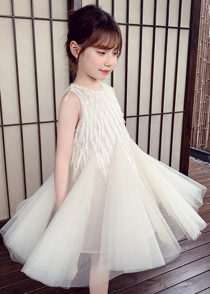 Robe longue blanche élégante à col rond en tulle et perles pour enfants, sans manches, EW012