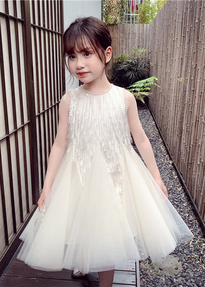 Robe longue blanche élégante à col rond en tulle et perles pour enfants, sans manches, EW012