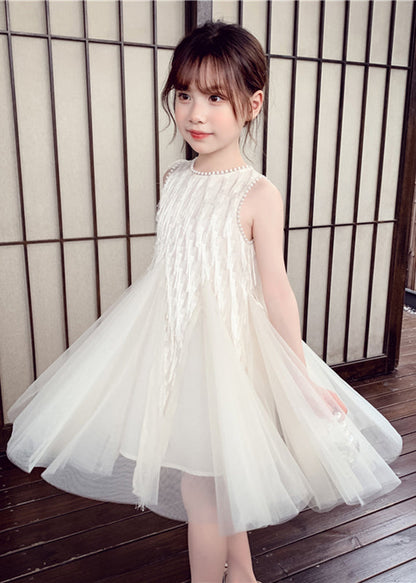 Robe longue blanche élégante à col rond en tulle et perles pour enfants, sans manches, EW012