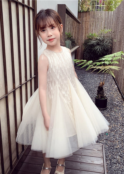 Robe longue blanche élégante à col rond en tulle et perles pour enfants, sans manches, EW012