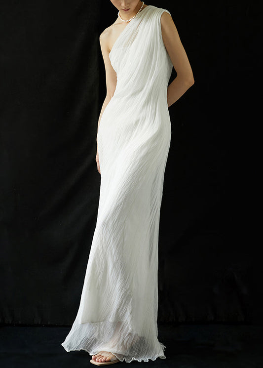 Elegant White One-Shoulder Wrinkled Silk Long Dresses Summer KK068