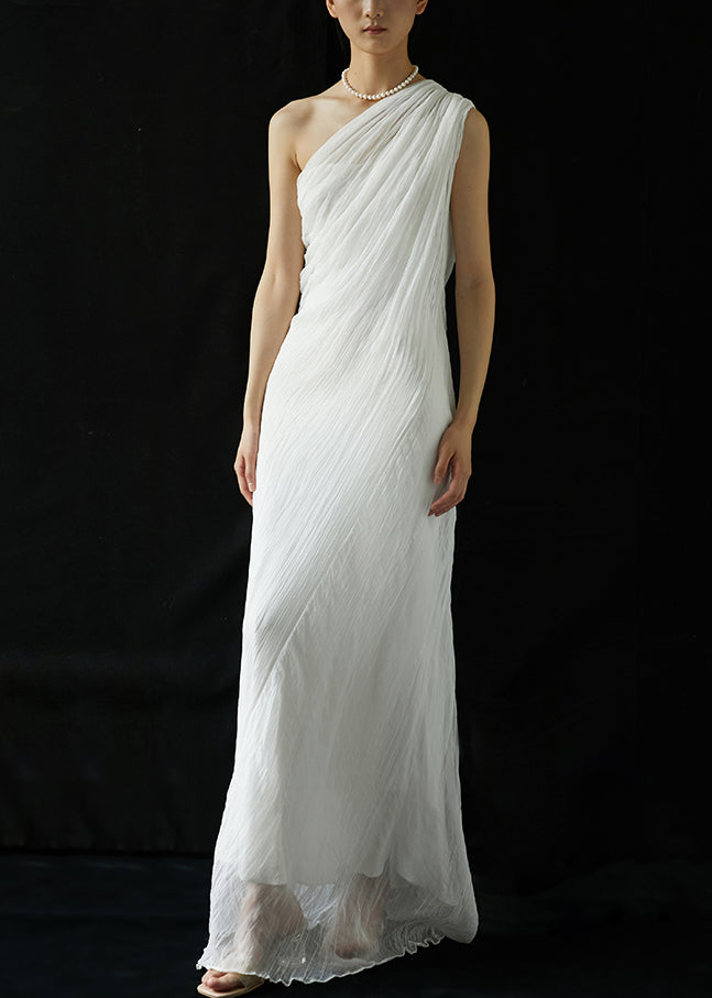 Elegant White One-Shoulder Wrinkled Silk Long Dresses Summer KK068