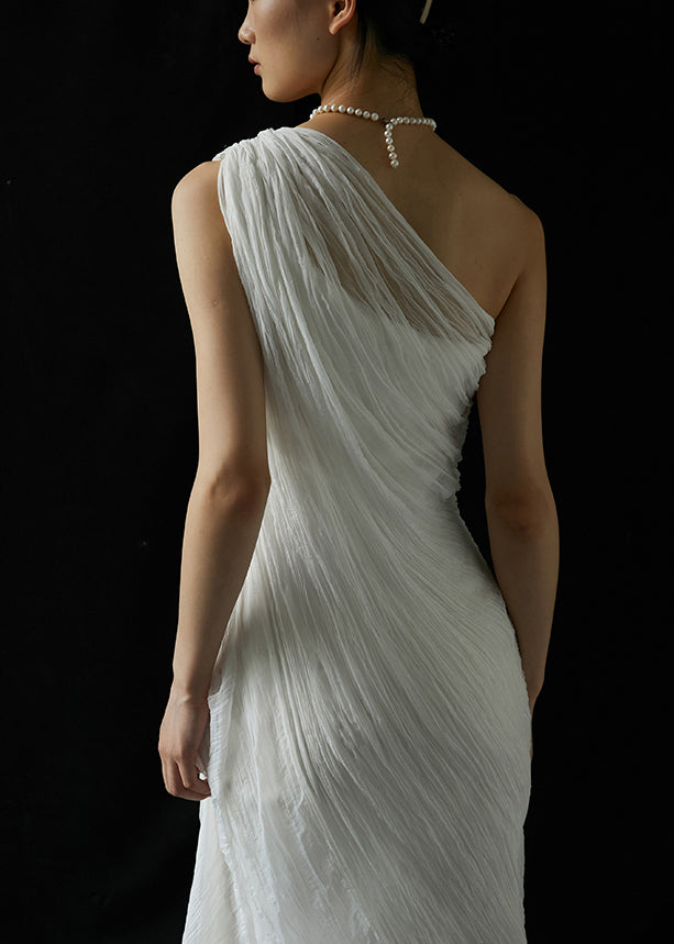 Elegant White One-Shoulder Wrinkled Silk Long Dresses Summer KK068