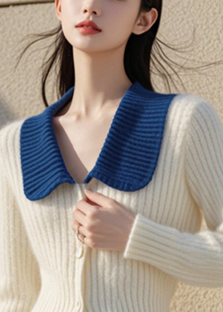 Cardigan élégant en tricot de coton blanc à col Peter Pan et boutons, printemps TO034