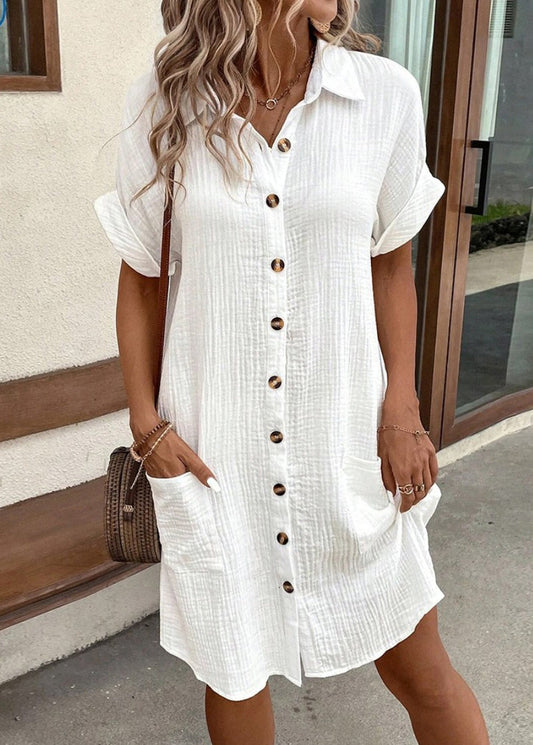 Elegant White Peter Pan Collar Button Pockets Cotton Shirt Dress Summer QE001