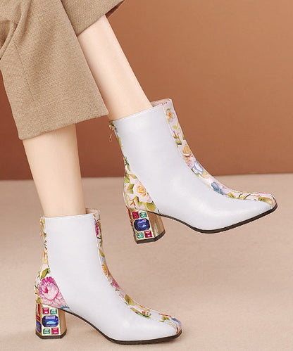 Bottes épaisses en cuir de vachette blanc avec imprimé zircon RT1057