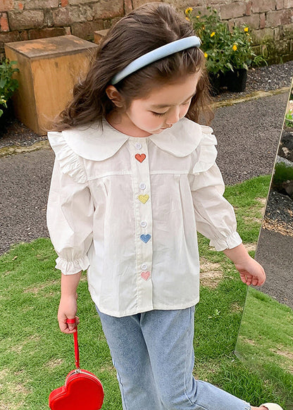 Chemise blanche élégante en coton à volants et boutons pour filles, manches évasées, YU1045