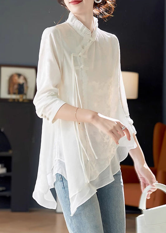 Elegant White Ruffled Chinese Button Chiffon Shirt Long Sleeve AB1022