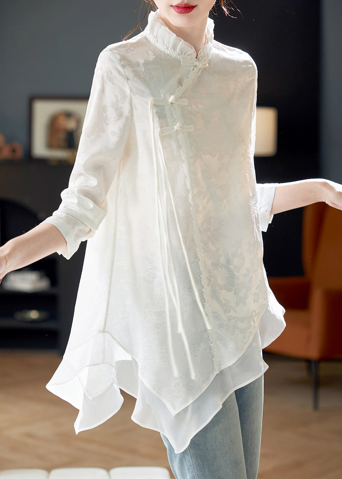 Elegant White Ruffled Chinese Button Chiffon Shirt Long Sleeve AB1022