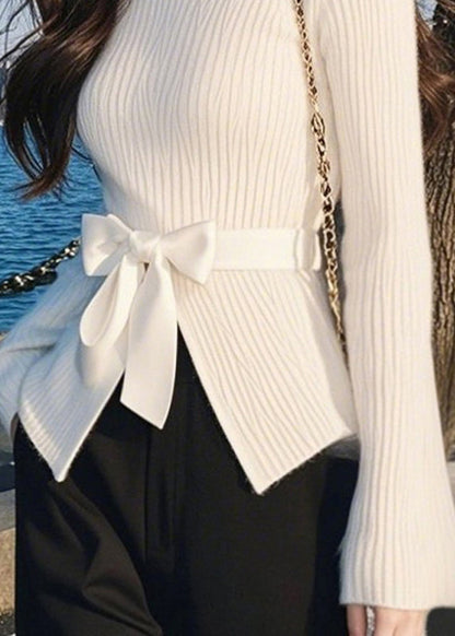 Eleganter weißer Rollkragenpullover mit Schleife aus Baumwolle, Strickpullover, Frühling, TO023