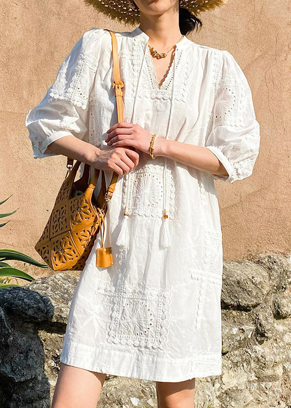 Hals Taschen Baumwolle Hohl Kleid Elegante Out Sleeve V Weiß Halb