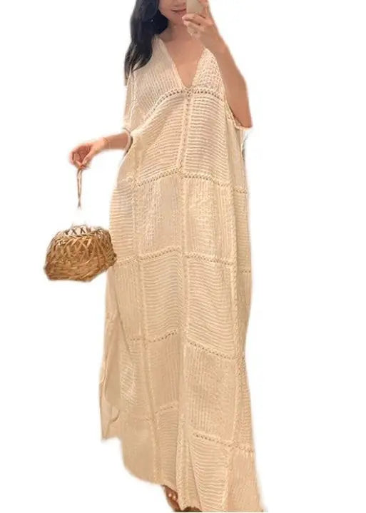 Elegant White V Neck Hollow Out Side Open Knit Dresses Half Sleeve Ada Fashion