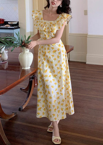 Robe longue en coton imprimé à volants jaune élégante sans manches ZL017