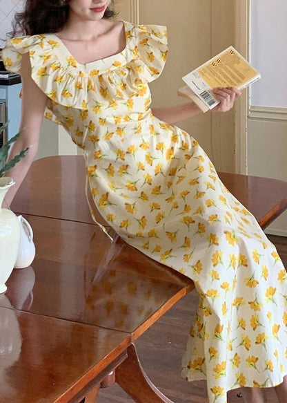 Robe longue en coton imprimé à volants jaune élégante sans manches ZL017