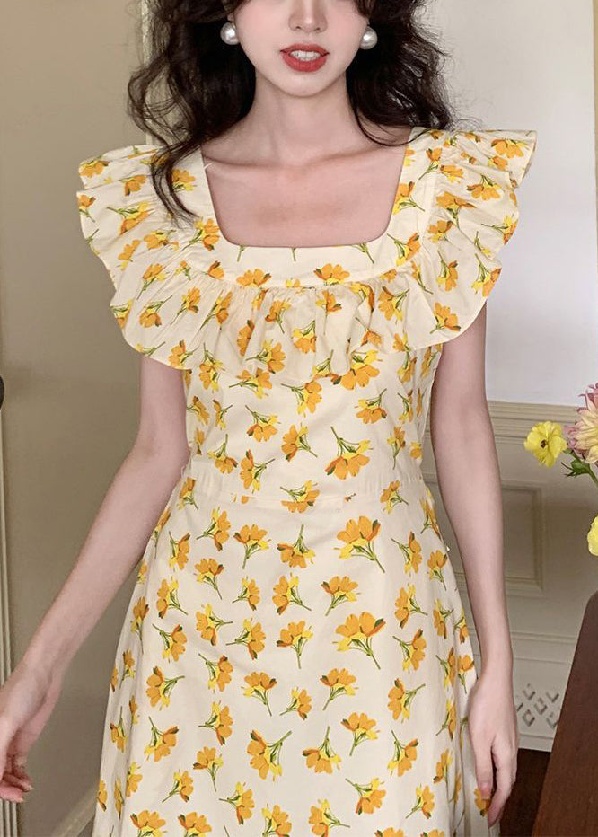 Elegant Yellow Ruffled Print Cotton Long Dress Sleeveless ZL017