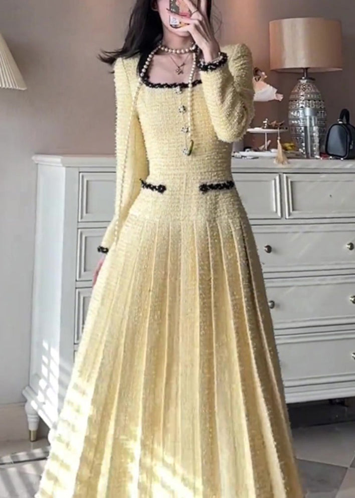 Elegant Yellow Square Collar Solid Pleated Dresses Fall WQ032