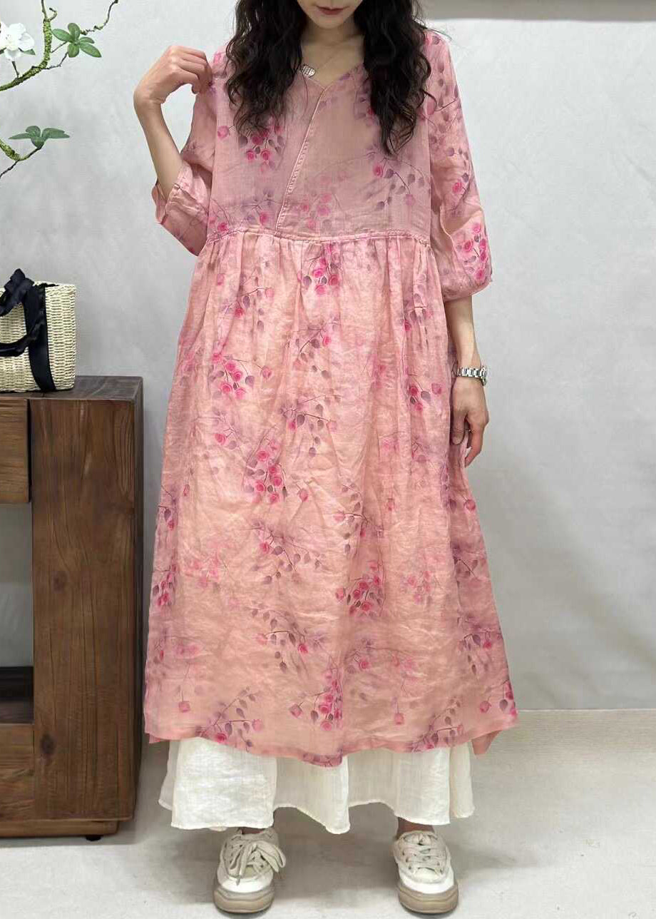 Elegant Yellow V Neck Print Linen Long Dresses Half Sleeve JH024