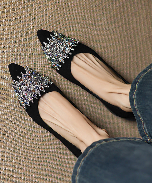 Sheepskin Splicing Elegant Silver Toe Pointed Flat Shoes Zircon