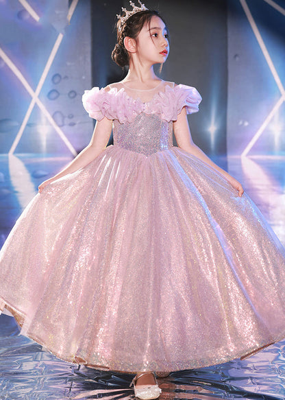 Robe longue en tulle à paillettes et col rond pour filles, élégante, violet clair, manches courtes, QV005