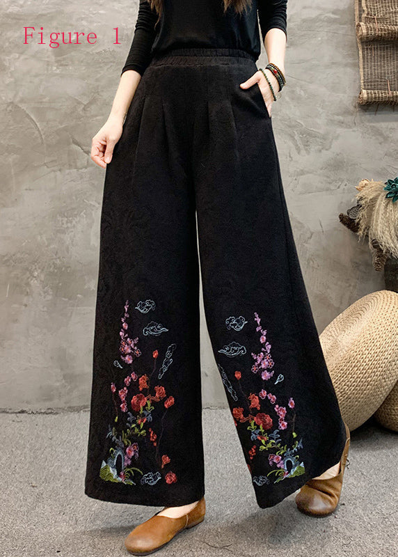 Ethnic Style Embroidered Elastic Waist Wide Leg Pants Spring BV013