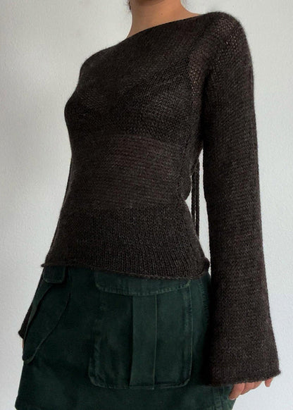 Haut en tricot à manches évasées et à lacets dos nu style café européen et américain QY015