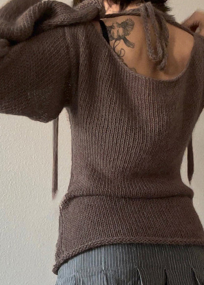 Haut en tricot à manches évasées et à lacets dos nu style café européen et américain QY015