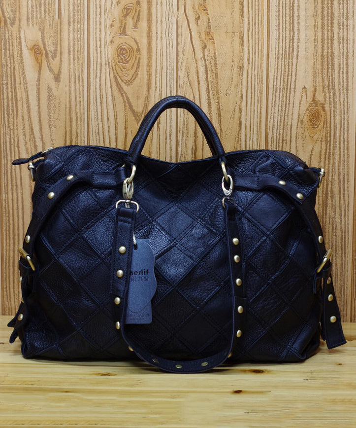 European And American Fashion Contrasting Plaid Patchwork Rivet Handbag HJ1013