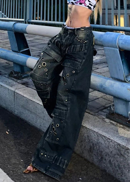 Pantalon large en denim bleu à rivets de style européen et américain Automne WP048