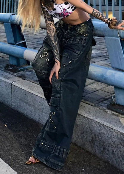 Pantalon large en denim bleu à rivets de style européen et américain Automne WP048