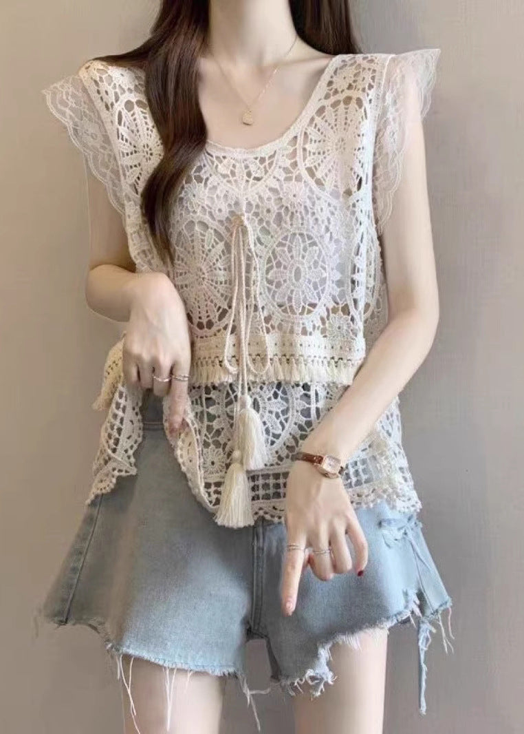 Tank Lace Apricot Fashion Tassel Summer O-Neck