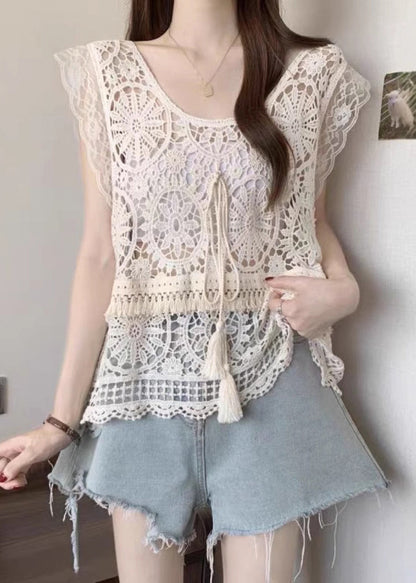 Tank Lace Apricot Fashion Tassel Summer O-Neck