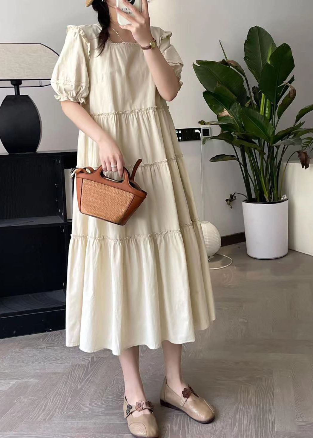 Fashion Apricot Square Collar Long Dress Short Sleeve BV027