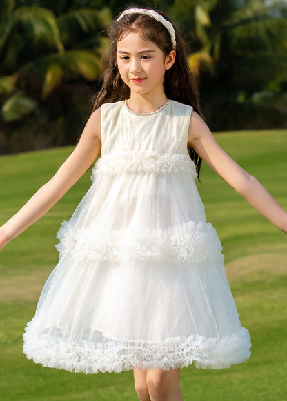 Robe mi-longue en tulle à col rond beige tendance pour enfants, été XZ012