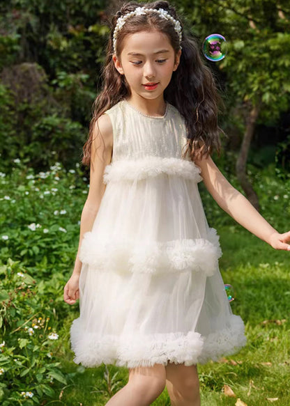 Robe mi-longue en tulle à col rond beige tendance pour enfants, été XZ012