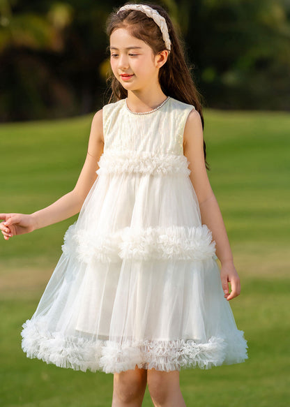 Robe mi-longue en tulle à col rond beige tendance pour enfants, été XZ012