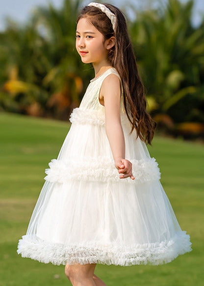 Robe mi-longue en tulle à col rond beige tendance pour enfants, été XZ012