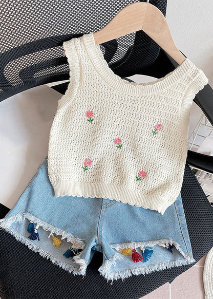 Ensemble gilet et short en tricot imprimé beige pour fille, deux pièces, été SS1005