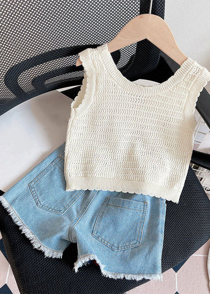 Ensemble gilet et short en tricot imprimé beige pour fille, deux pièces, été SS1005