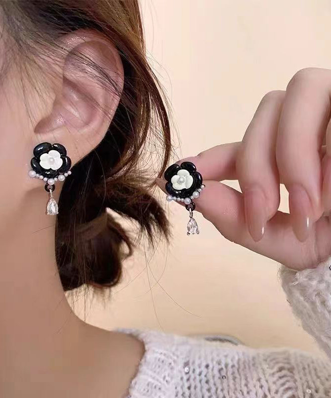 Fashion Black Alloy Pearl Crystal Floral Tassel Drop Earrings DF1018