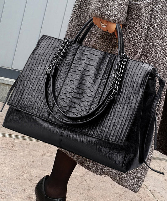 Fashion Black Chain Linked Patchwork Faux Leather Tote Handbag UU1073