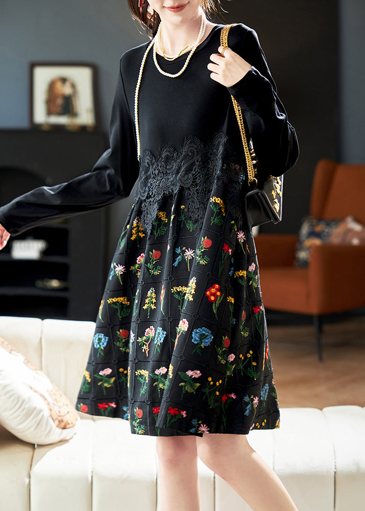 Mode Schwarz Bestickte Spitze Patchwork Baumwolle Kleid Frühling RL024