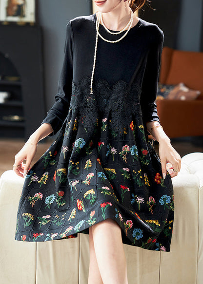 Mode Schwarz Bestickte Spitze Patchwork Baumwolle Kleid Frühling RL024